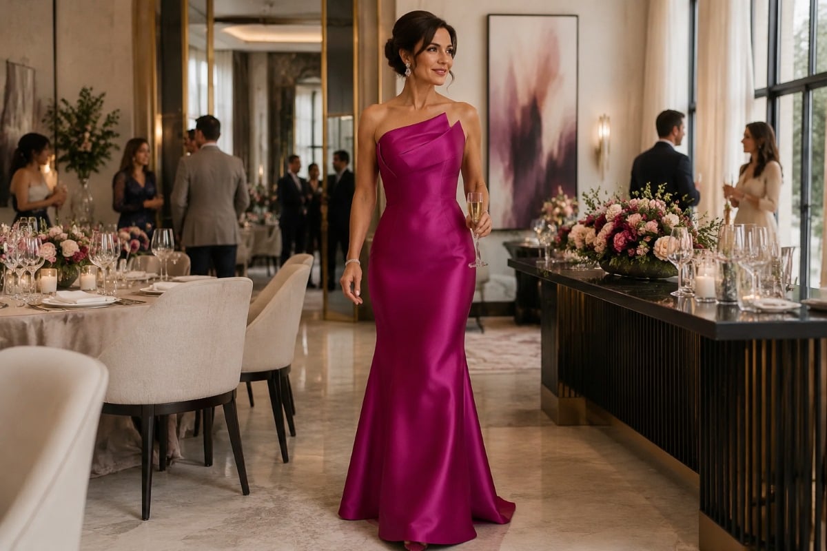 Fuchsia satin rehearsal dinner gown style