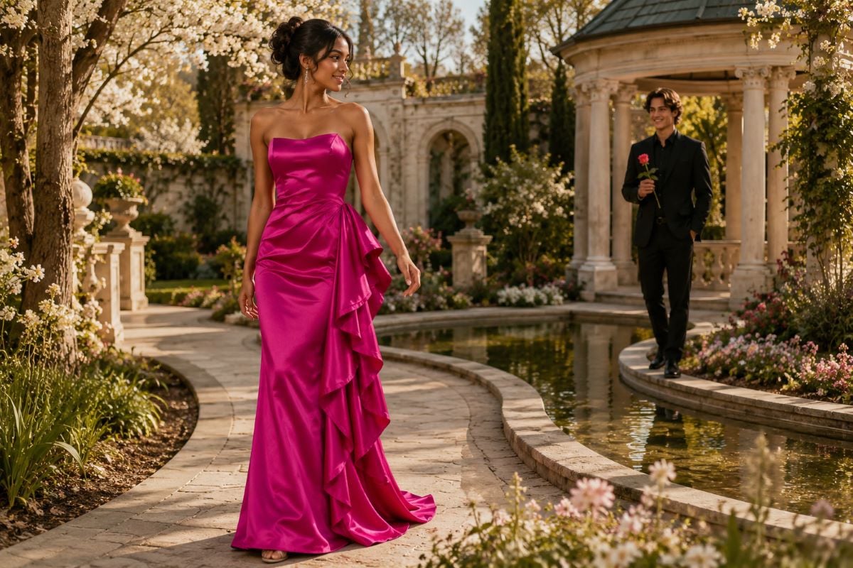 Fuchsia satin prom gown romantic promposal