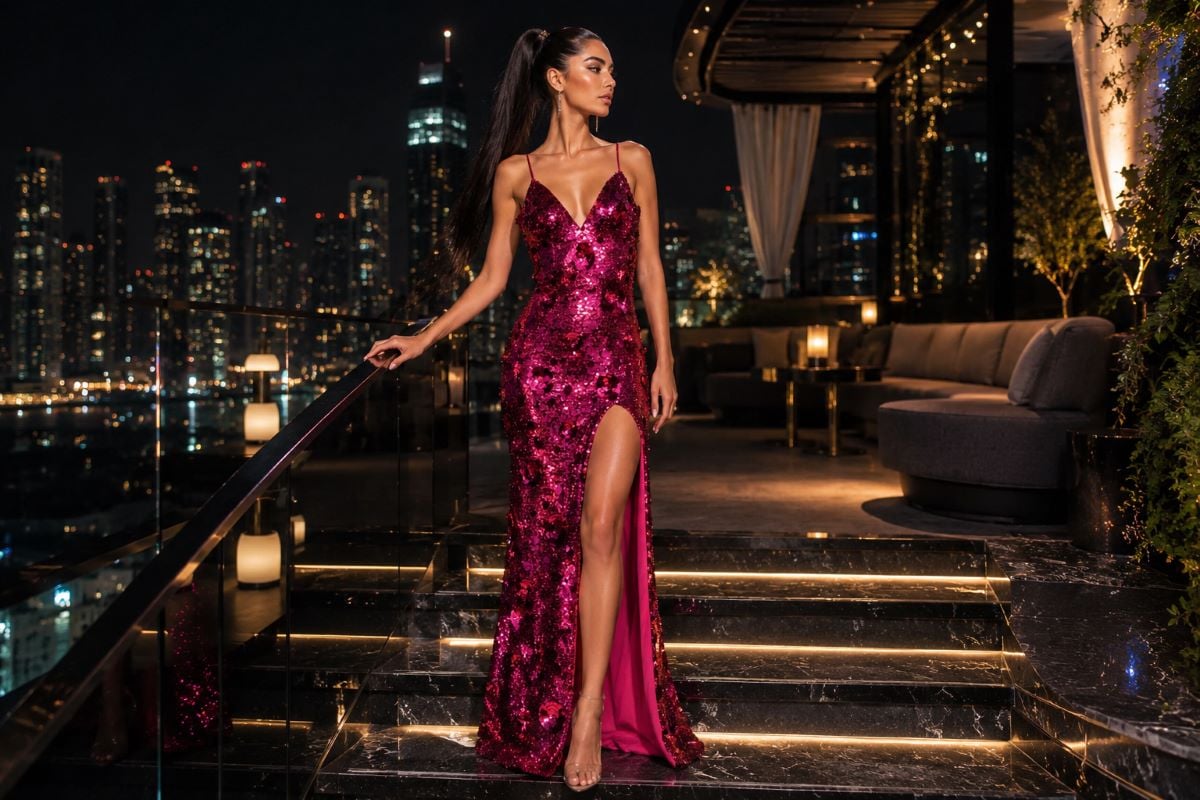 Woman wearing fuchsia sequin plunging slit gown