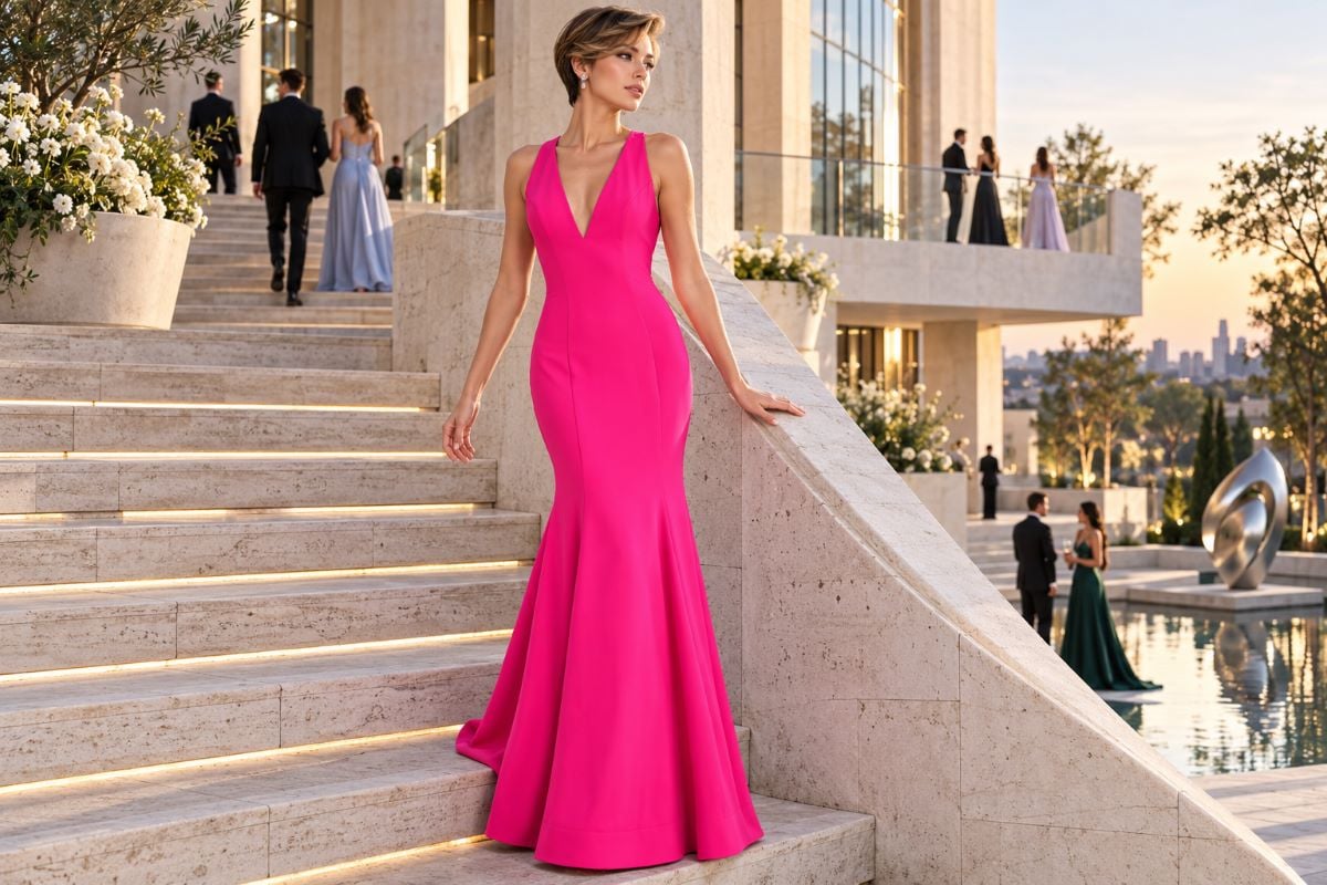 Fuchsia sleek column prom dress silhouette