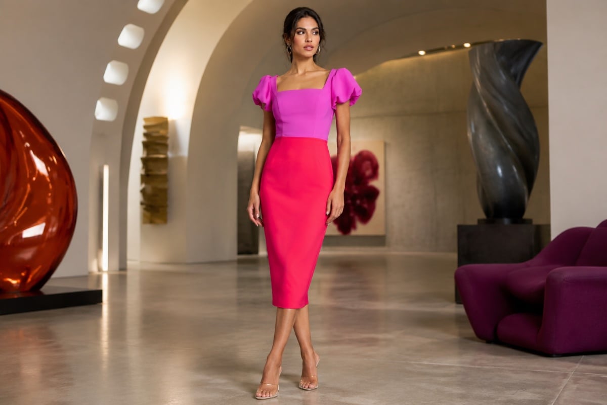 Fuchsia square neckline midi dress style