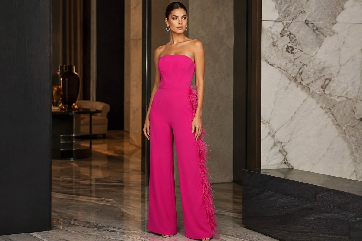 Fuchsia strapless jumpsuit with feather trim
