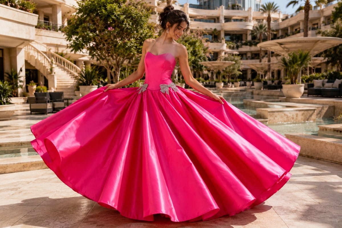 Fuchsia taffeta ball gown fashion editorial