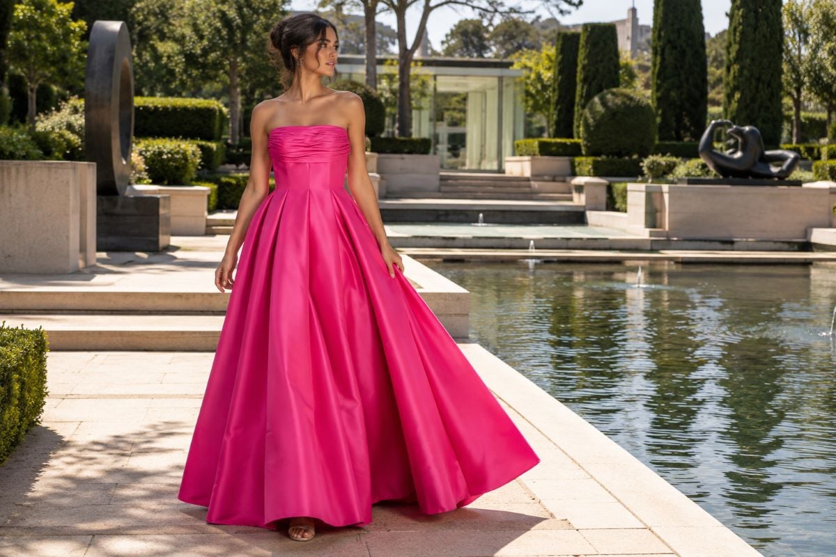 Fuchsia taffeta gown outdoor fashion editorial
