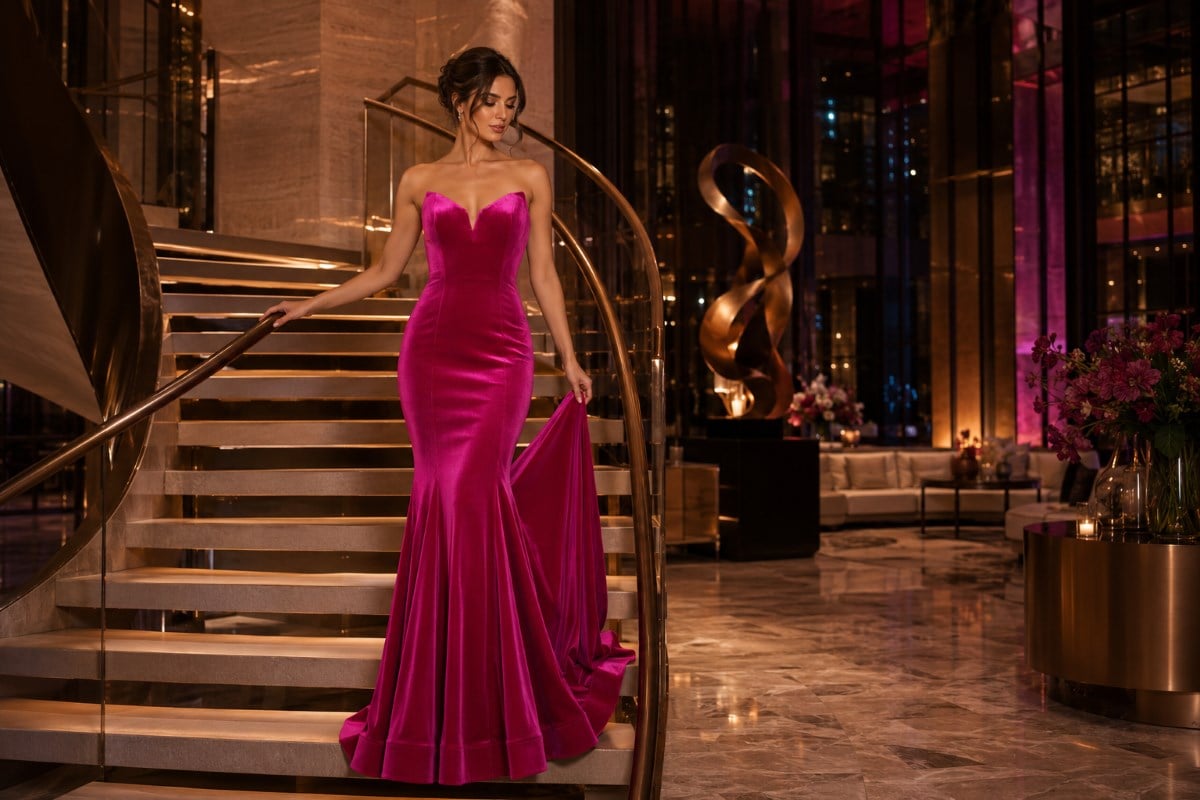 Fuchsia velvet evening gown editorial look