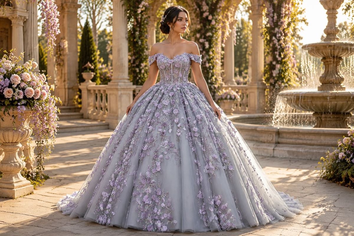 Light gray quinceanera gown with lilac flowers