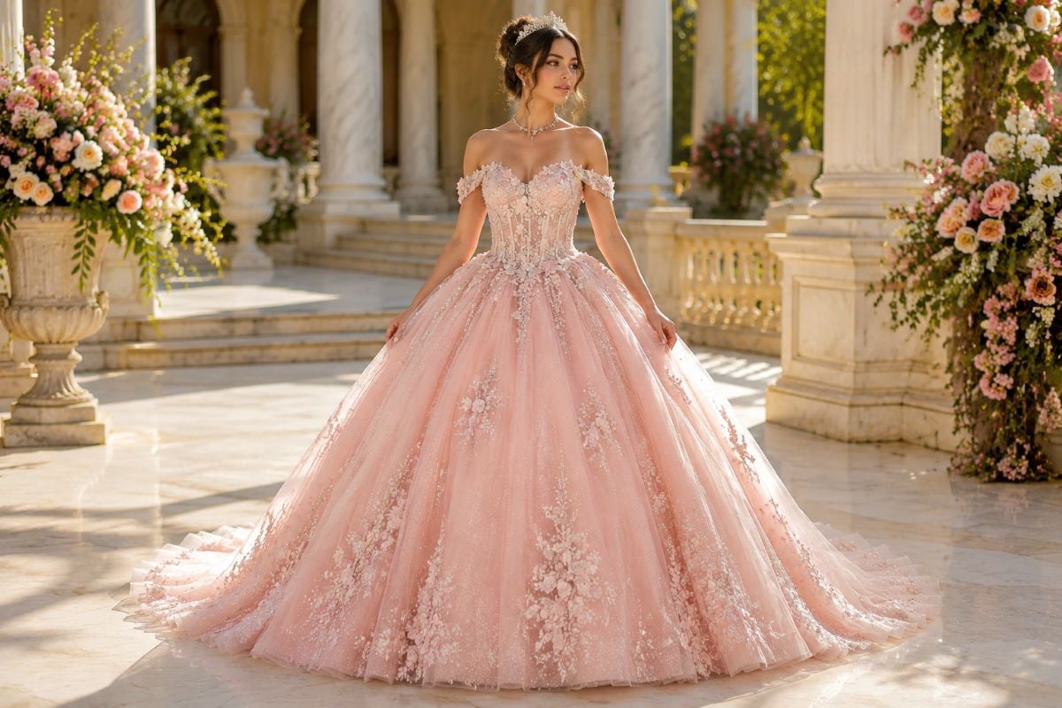 Soft pink corset quinceanera ball gown