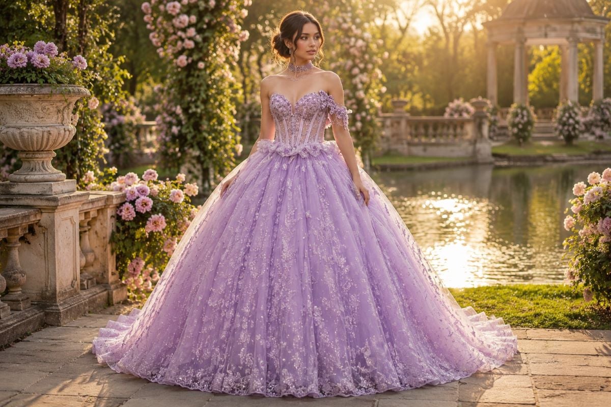 Lavender ball gown with floral embellishments