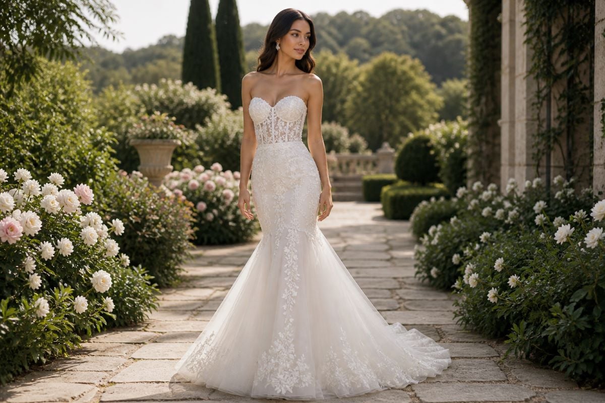 Strapless floral lace mermaid gown in garden wedding setting