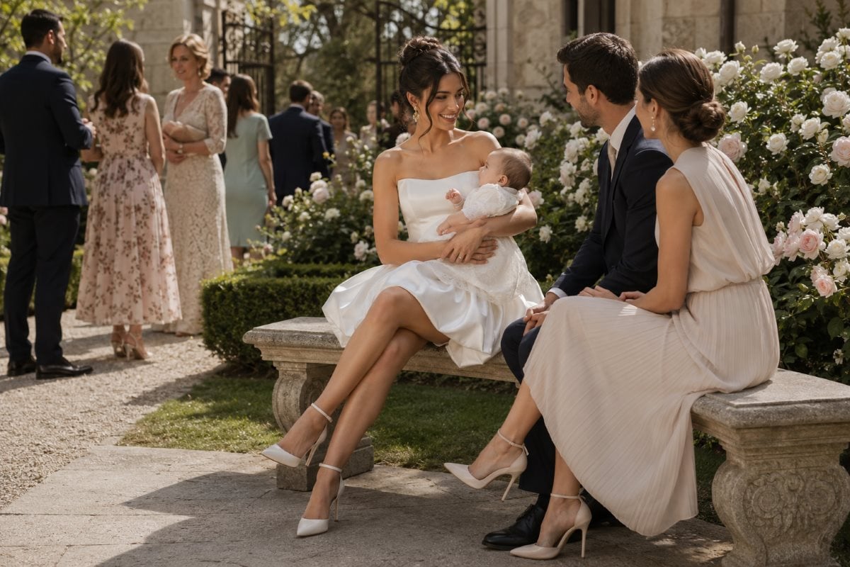 Godmother wearing off-white dress at christening celebration