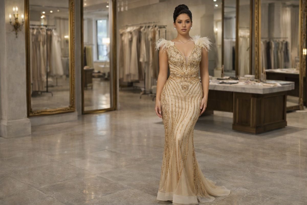 gold beaded gown with feather shoulders
