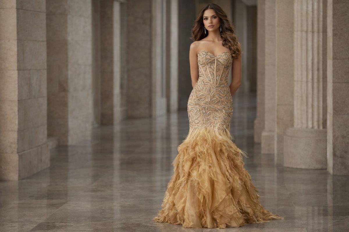 Gold strapless mermaid evening gown with beaded bodice