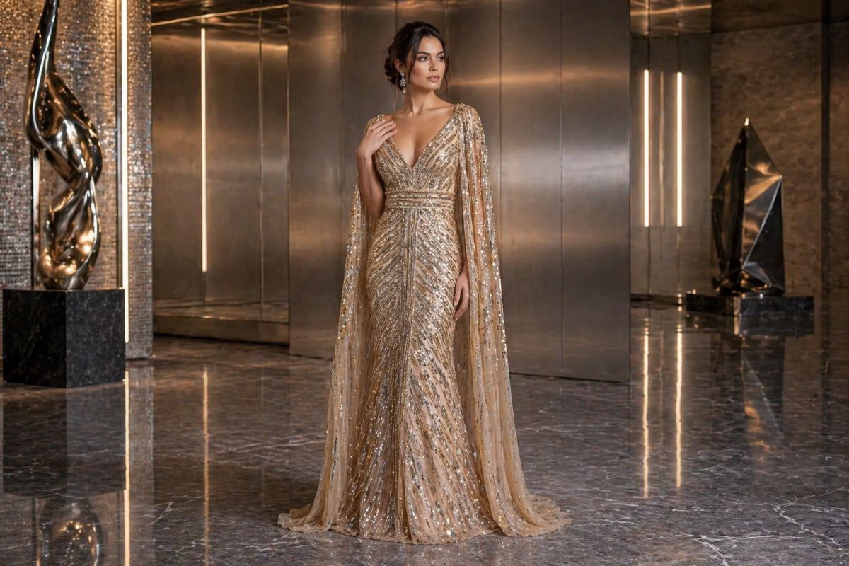 Gold sequin gown with cape sleeves full body