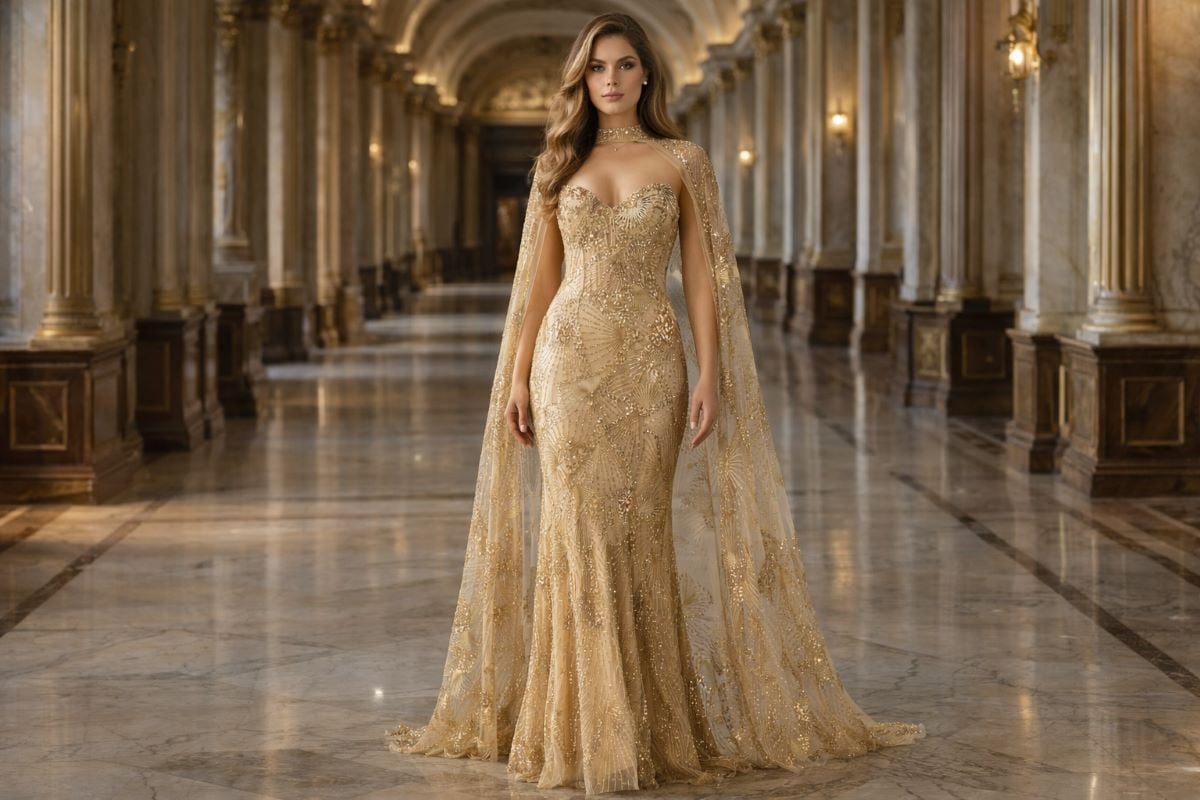 Gold embellished gown with cape