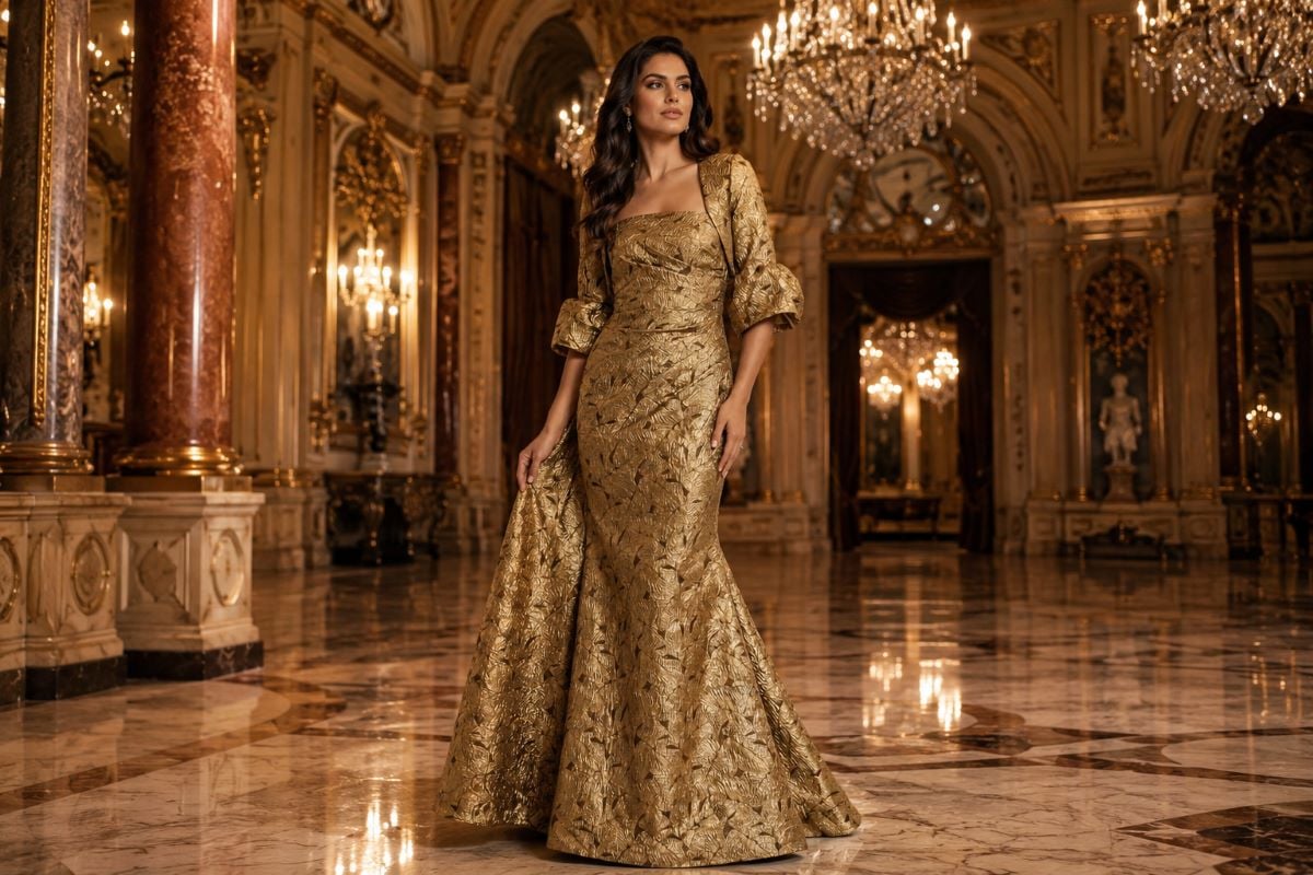 Woman in gold mermaid evening gown in luxury ballroom