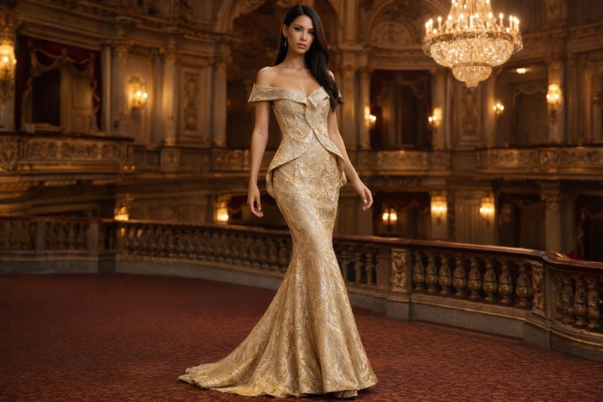 Gold off-shoulder mermaid gala gown
