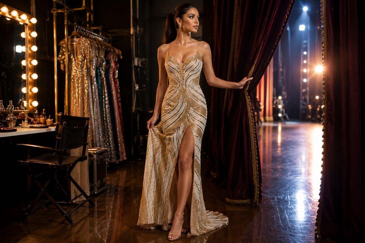 Gold pageant gown backstage editorial look