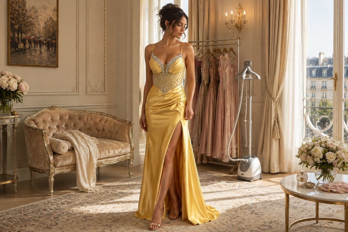 Gold satin gown wrinkle removal editorial