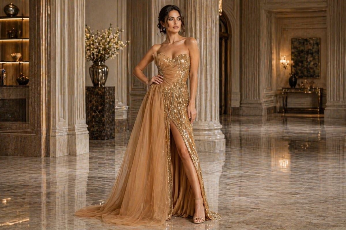 Gold strapless sequin gown with slit and tulle overlay full body