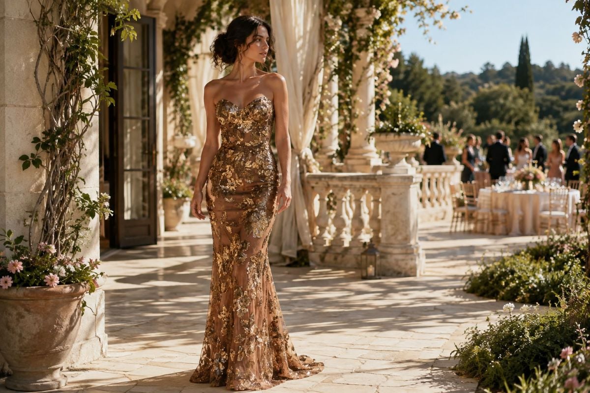 Gold strapless gown summer garden editorial