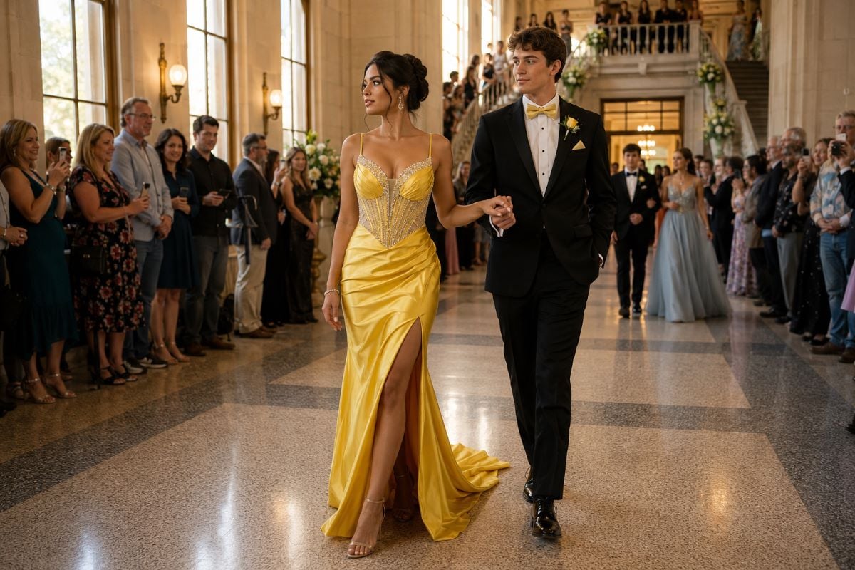 Golden gown walking traditional prom grand march