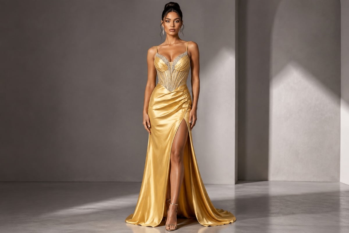 Golden satin evening gown with high slit elegance