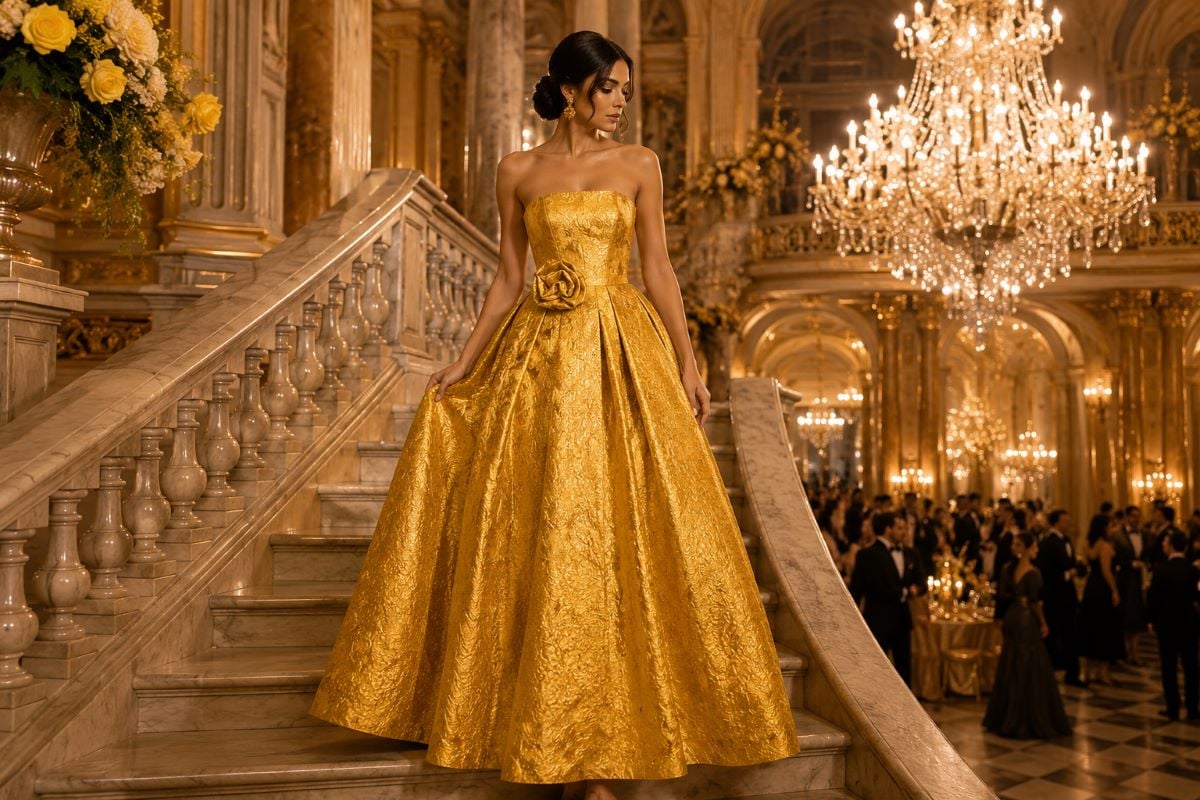 Golden yellow strapless jacquard ball gown