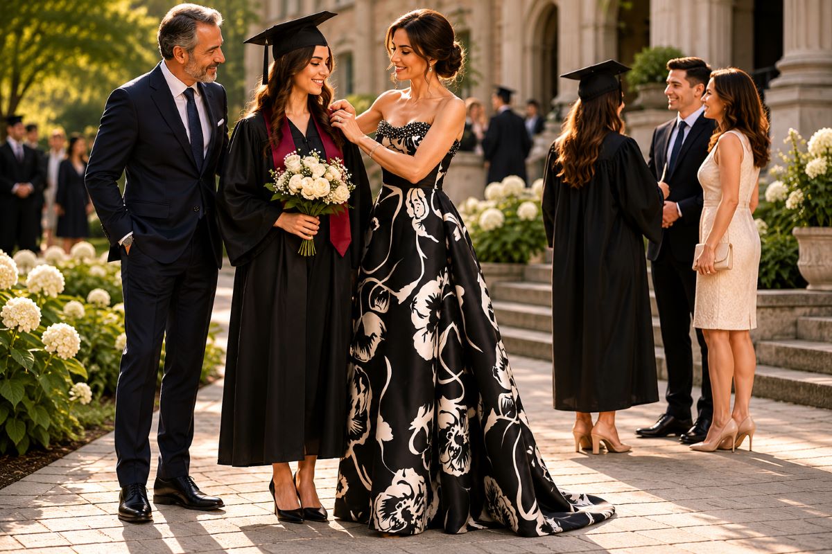 Mother in floral black gown at family graduation photos