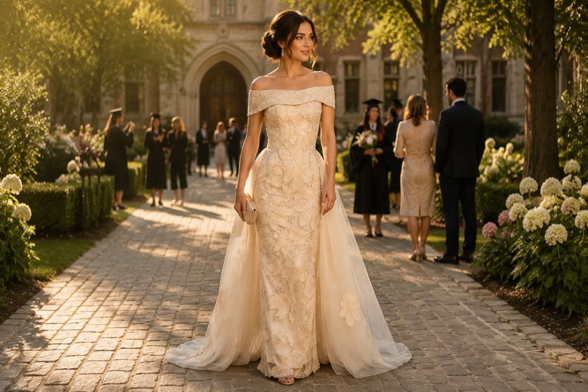 Mother in champagne column gown with tulle panels at graduation