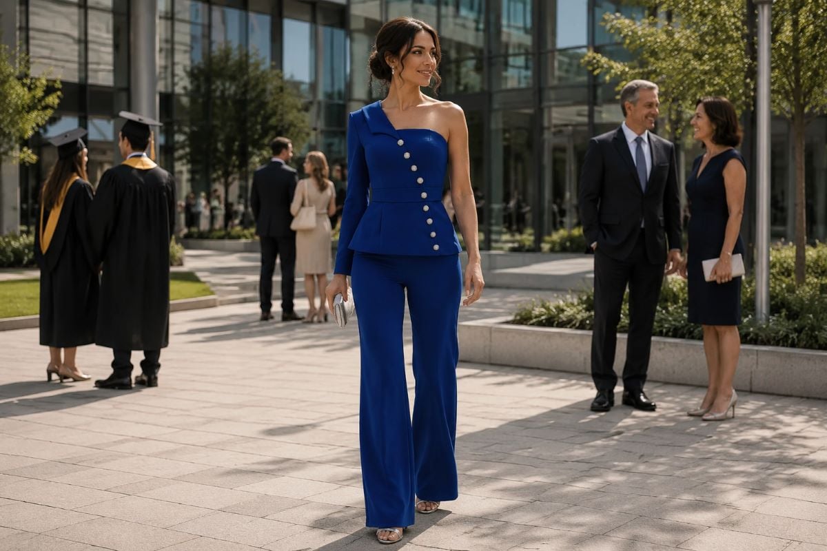 Mother in royal blue tailored one-shoulder jumpsuit at graduation