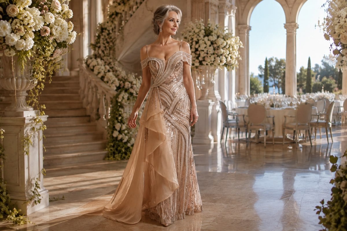 Elegant grandmother bride champagne embellished evening gown