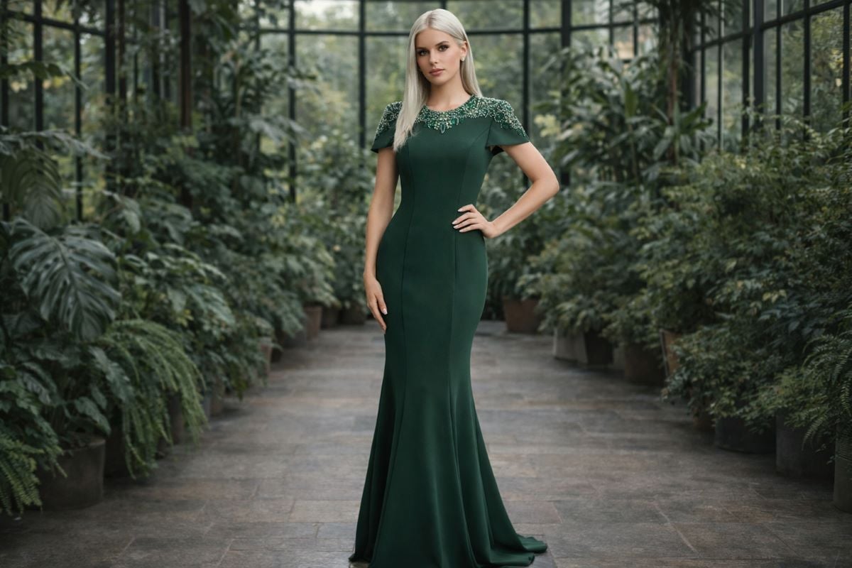 Green gown with embellished neckline and cap sleeves