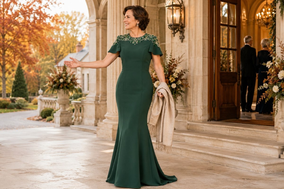 Green fall mother of bride gown