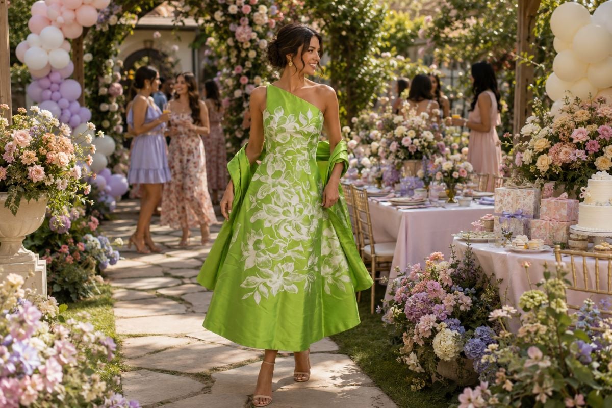 Green floral baby shower garden dress