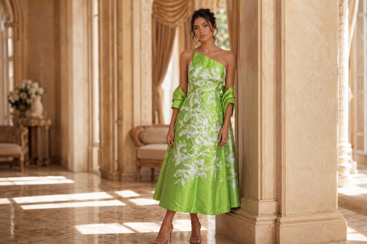 Green one-shoulder floral midi dress editorial