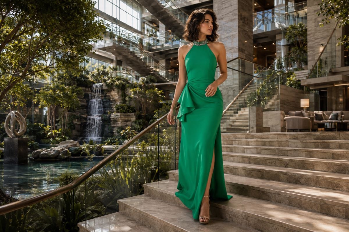 Green halter column evening gown editorial