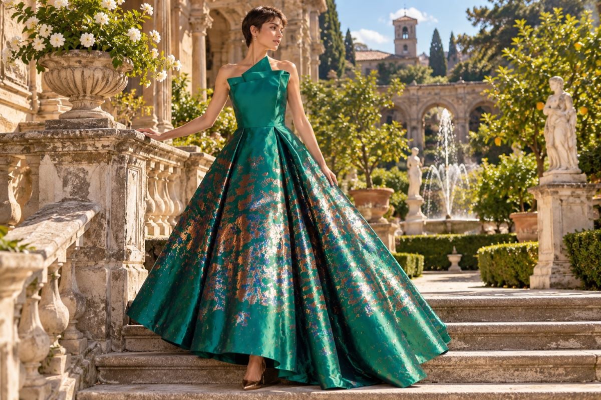 Green jacquard gown with bronze heels