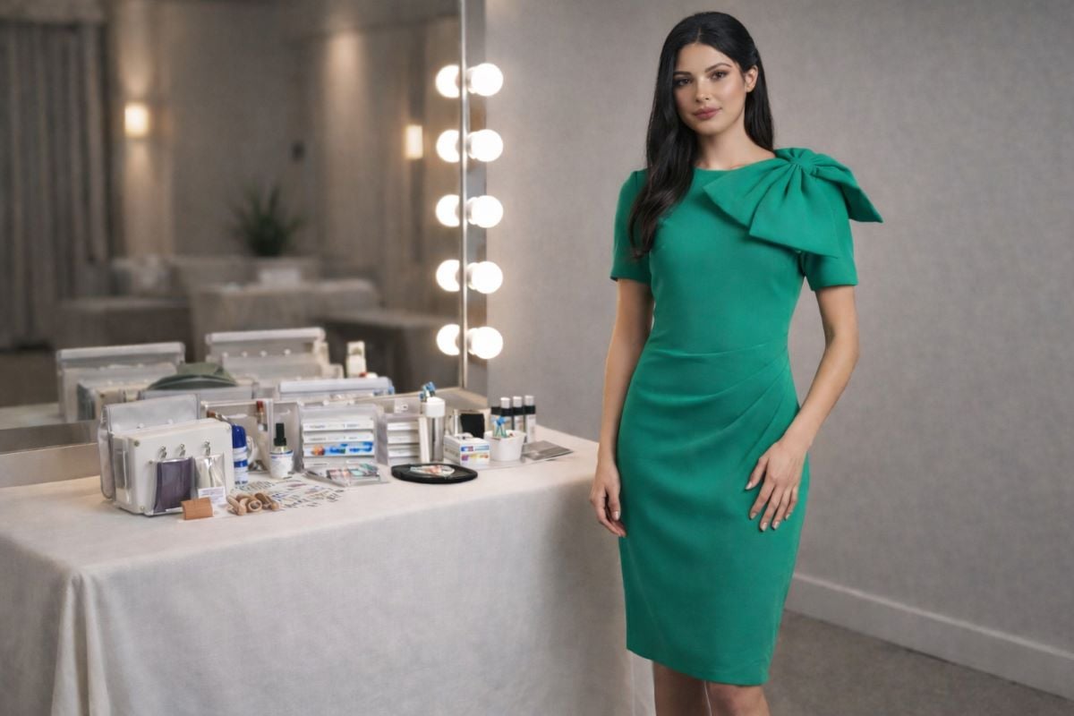 Green knee length dress preparation scene