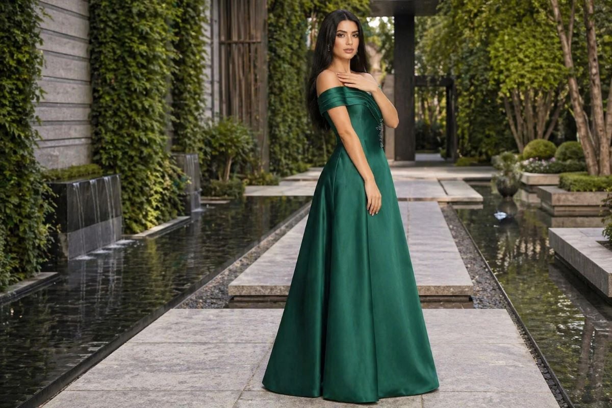 Green off-shoulder A-line gown with draped bodice