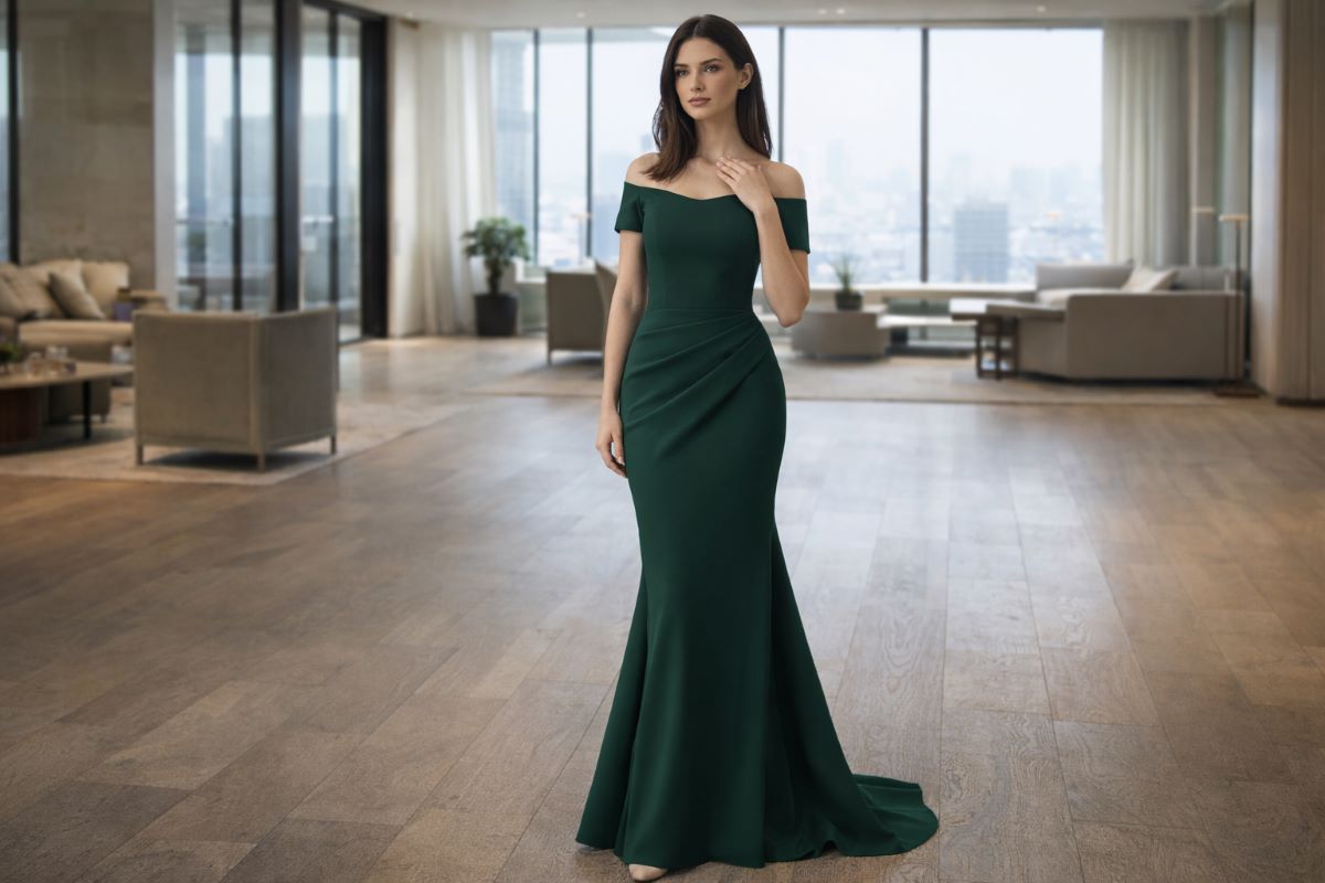 Green off-shoulder fitted evening gown