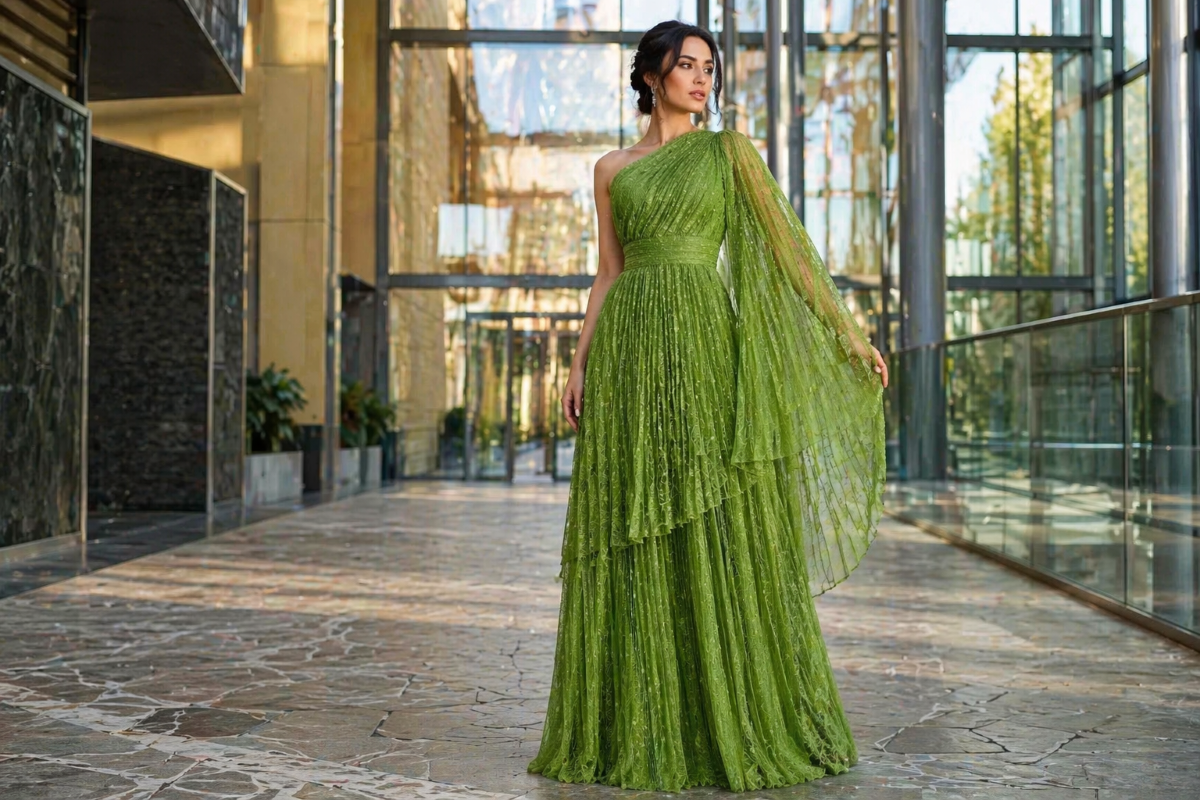 Green one-shoulder pleated mother of the bride dress