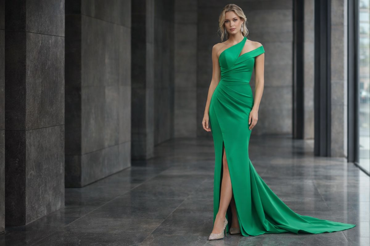 Green one shoulder structured gown in modern stone interior