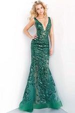 Model wearing Jovani 60283 in green with floral lace and V-neckline.