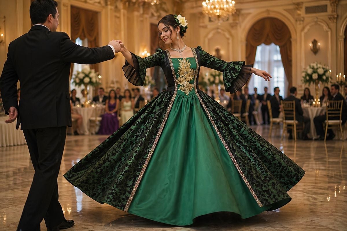 Green quinceañera style gown during waltz moment