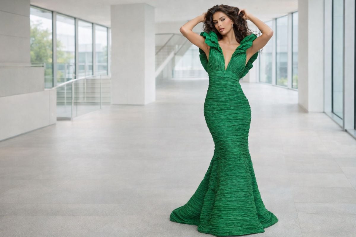 Green ruched mermaid evening dress with deep V neckline