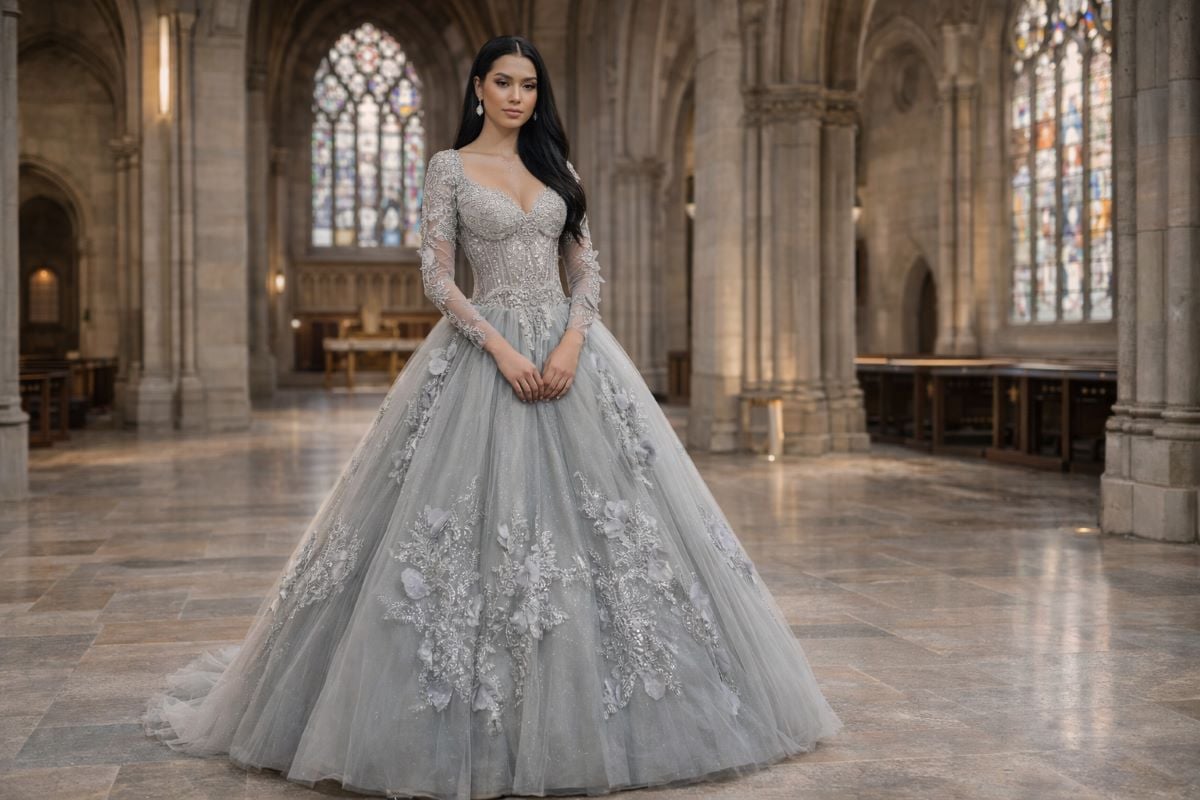 Grey long sleeve ball gown with floral appliqué for quinceanera ceremony