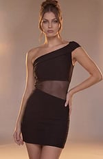 asymmetric one-shoulder neckline with a wide, structured strap and layered fabric construction.