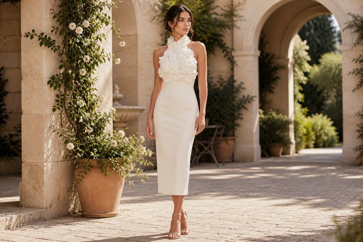 Halter midi dress with floral appliqué bodice for cocktail wedding guest look