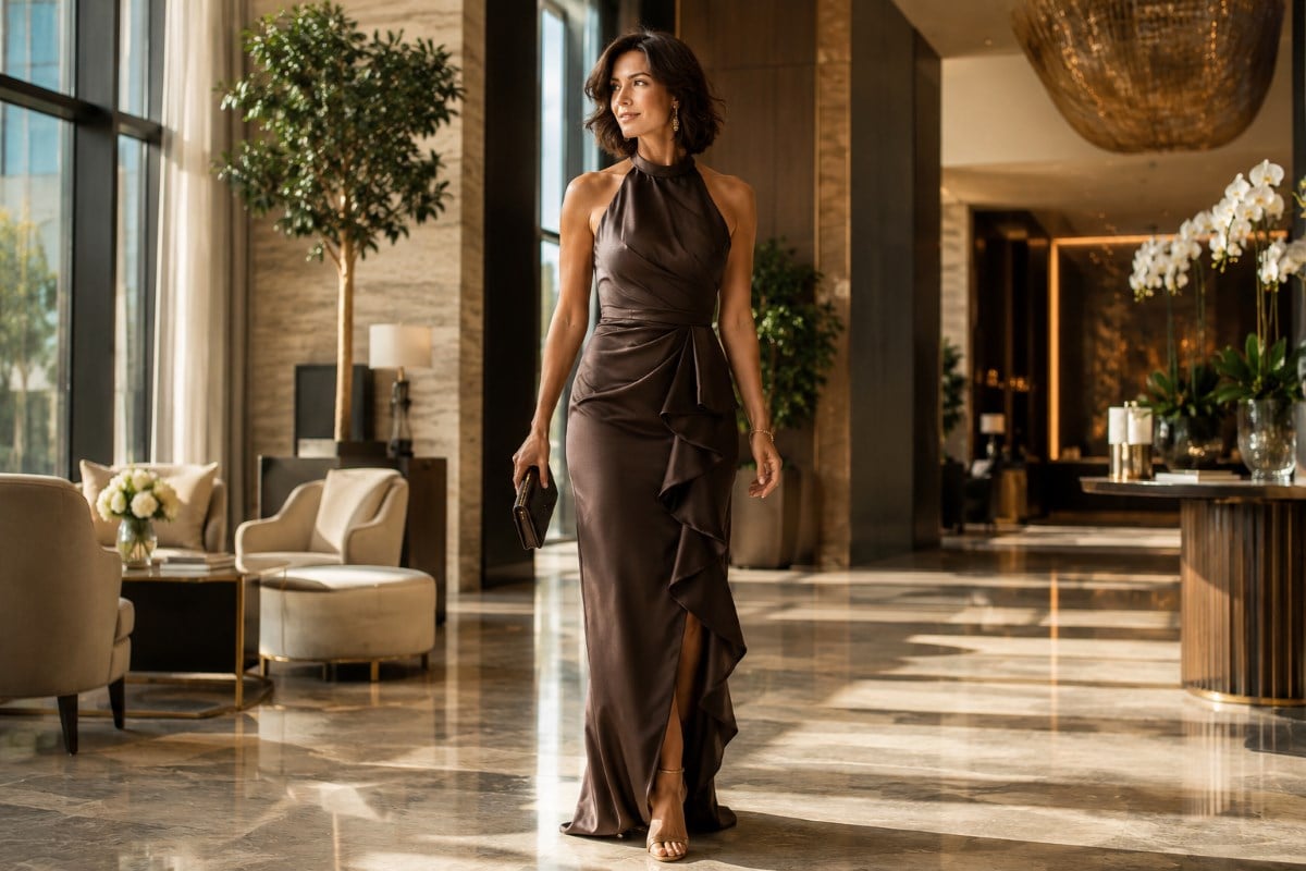Elegant halter mother of bat mitzvah gown