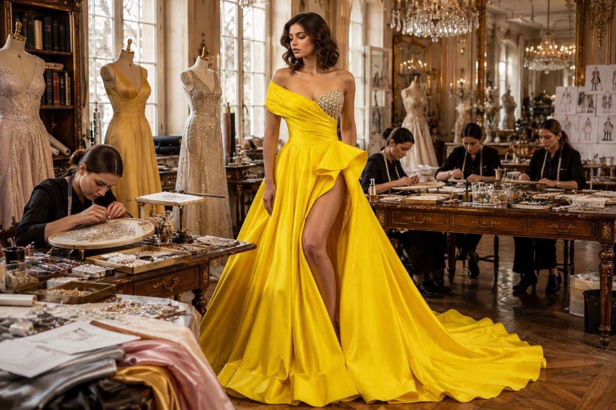 Hand beaded couture yellow ball gown